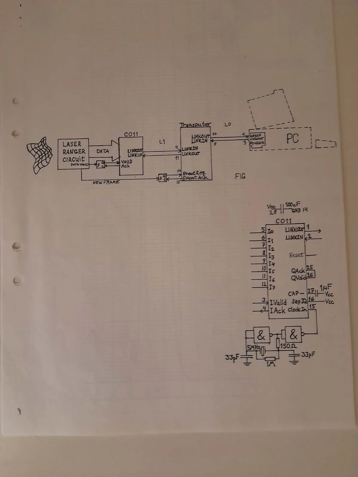 Hand-drawn Transputer system diagram for laser scanner